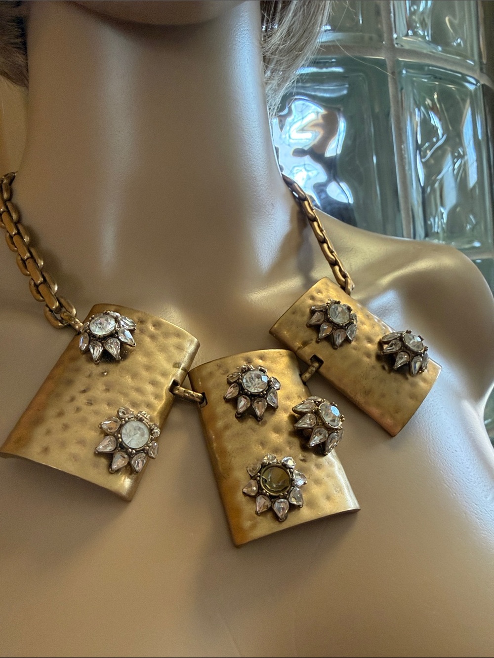 J Crew Gold Statement Hammered Pendant Necklace with Crystal Flower Accents - Picture 2 of 4